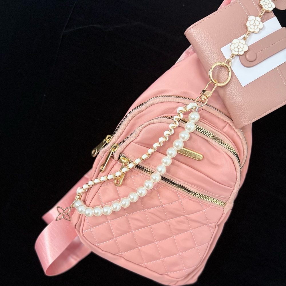 Quilted Pink Backpack with Pearl Chain